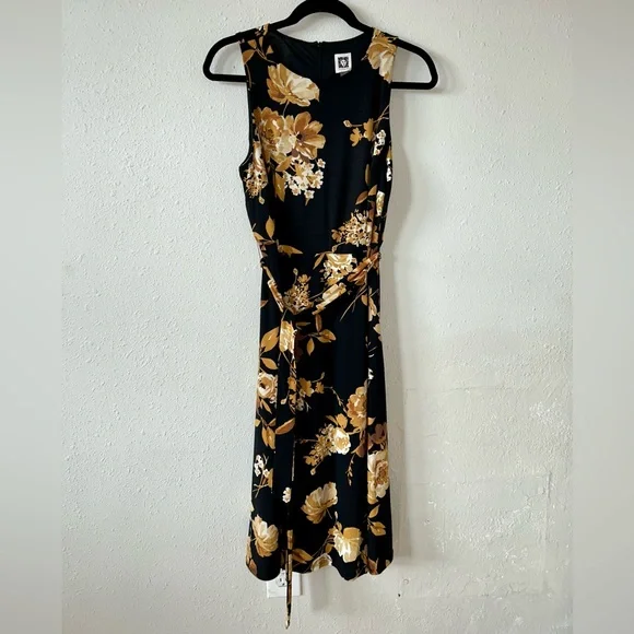 NWT Anne Klein black/mustard yellow floral tie waist sleeveless midi dress sz 6 - Picture 2 of 10
